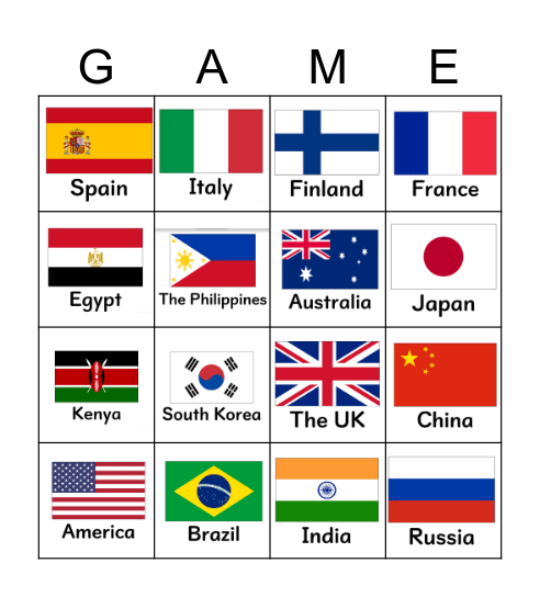 Countries Bingo Card