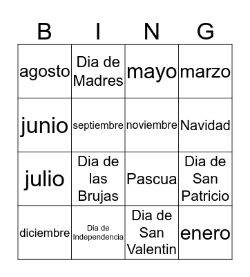 Holidays and Months in Spanish Bingo Card