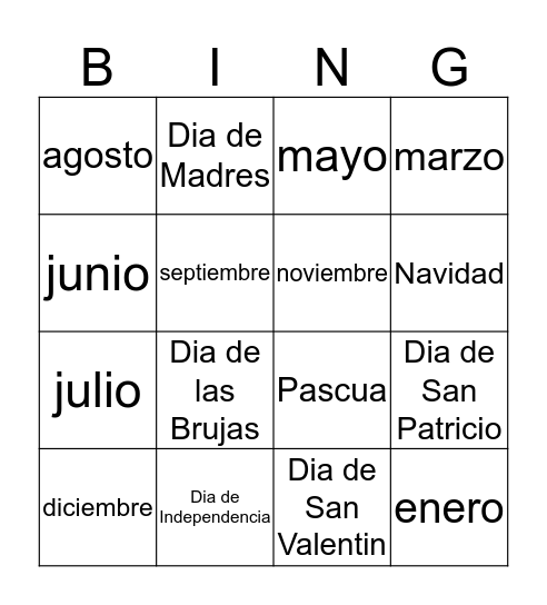 Holidays and Months in Spanish Bingo Card