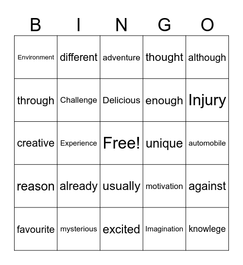 English Bingo ! Bingo Card