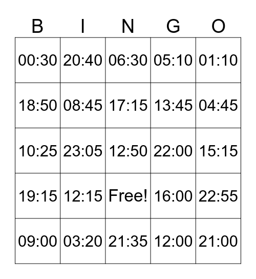 24-Hour Clock Bingo Card