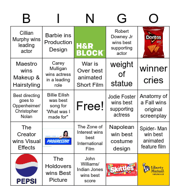 OSCARS 2024 Bingo Card
