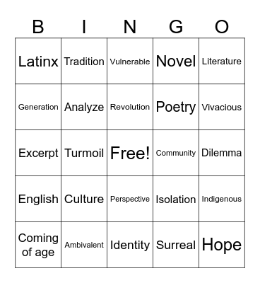 Vocabulary Bingo! Bingo Card