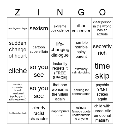 zhar zann zingo Bingo Card