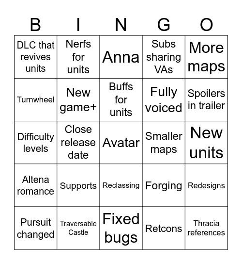 FE4 Remake Bingo Card