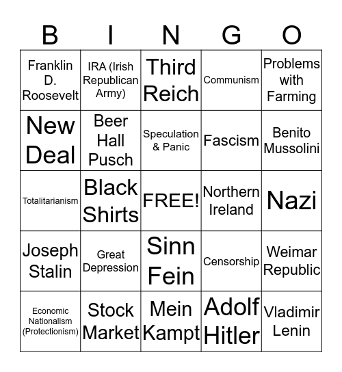 Chapter 19 Great Depression & Totalitarianism Bingo Card