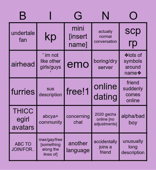 gacha online big-no Bingo Card