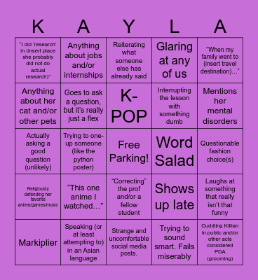 Kayla Bingo! Bingo Card