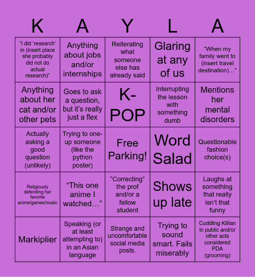 Kayla Bingo! Bingo Card