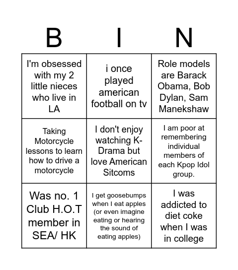 Bokyung Bingo Card