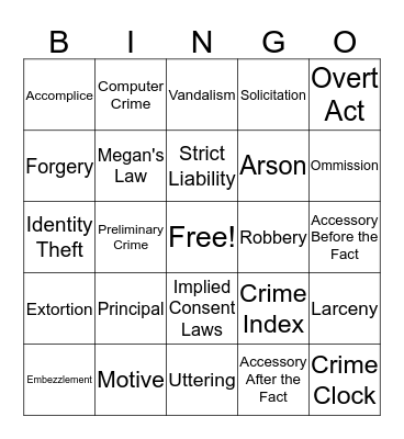 Property Crimes Bingo Card