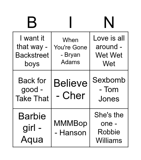 90'er hits Bingo Card