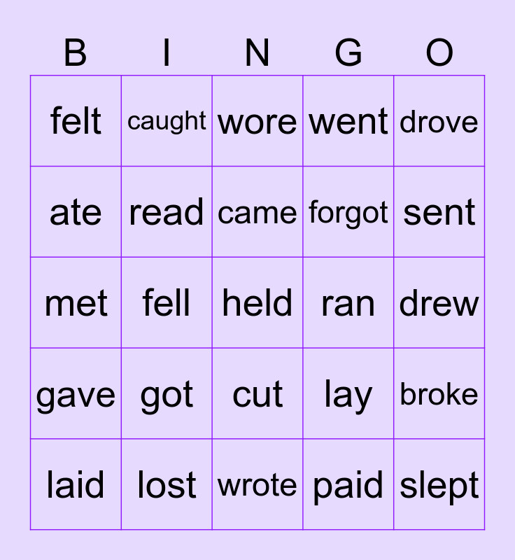 Irregular Verbs - Simple Past Form Bingo Card