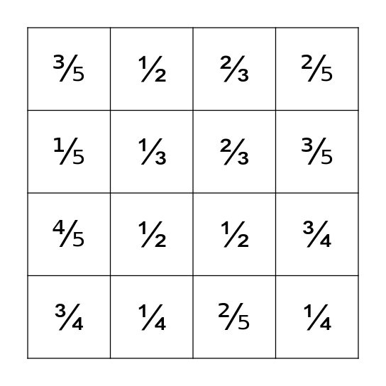 Equivalent Fractions Level A Bingo Card