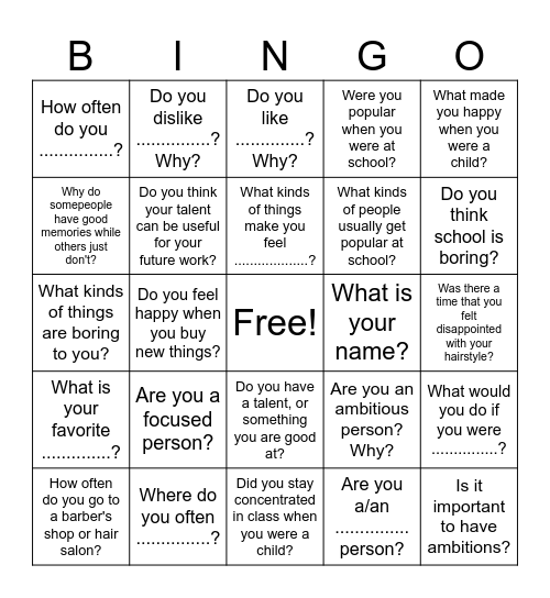 IELTS SPEAKING BINGO Card