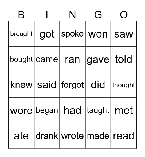 Irregular verbs Bingo Card