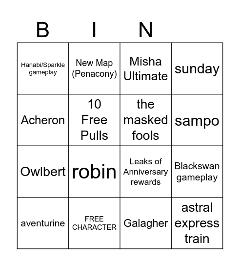 Honkai Star Rail Live Stream Bingo Card