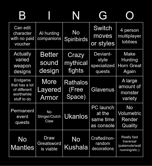 Monster Hunter Wilds Wishlist Bingo Card