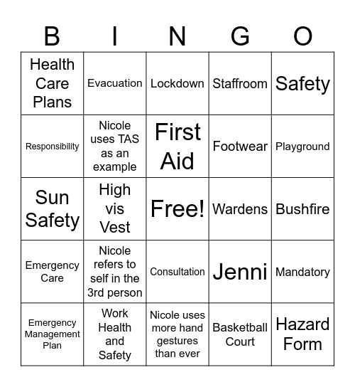 CCDC Work Health and Safety Bingo Card
