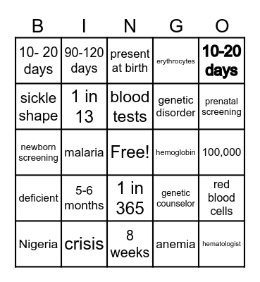 Ms. Q's Sickle Cell Review Bingo Card