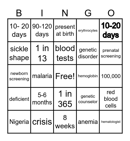 Ms. Q's Sickle Cell Review Bingo Card