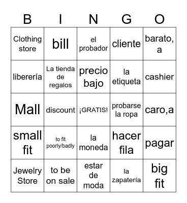RP 3 Unit 3: Las tiendas, establecimientos y las compras/precios Bingo Card