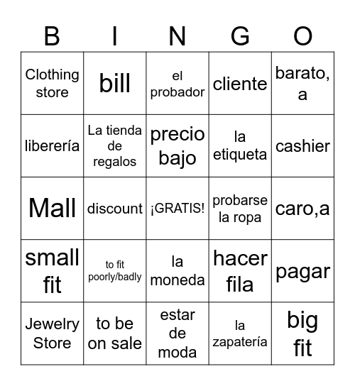 RP 3 Unit 3: Las tiendas, establecimientos y las compras/precios Bingo Card