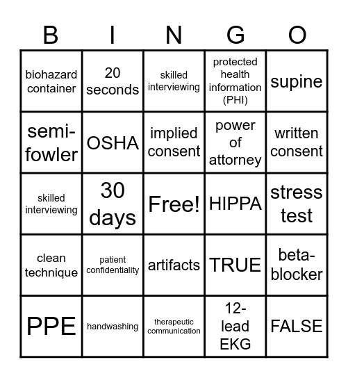 Ms. Q's EKG Domain 1 Review Bingo Card