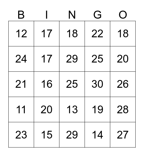 Number Identification Bingo Card