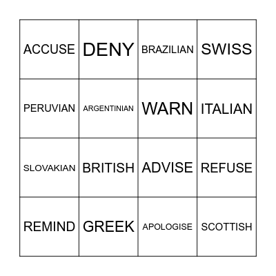 NATIONALITIES Bingo Card