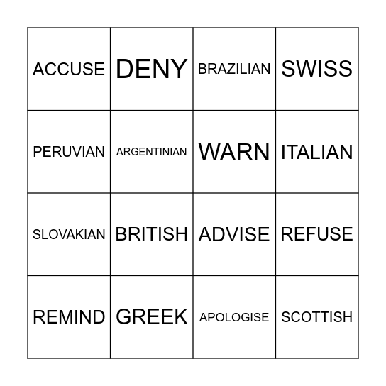 NATIONALITIES Bingo Card