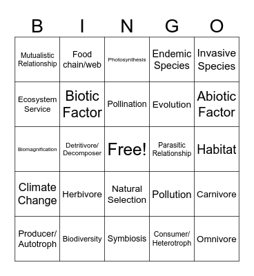 Ecology Bingo Card