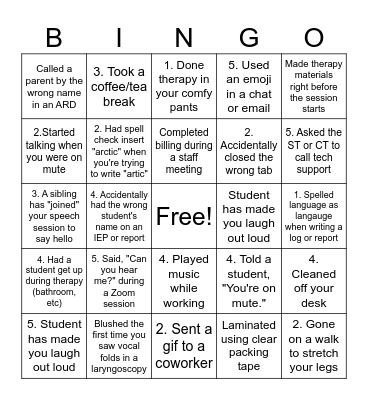 School Based SLP Bingo Card