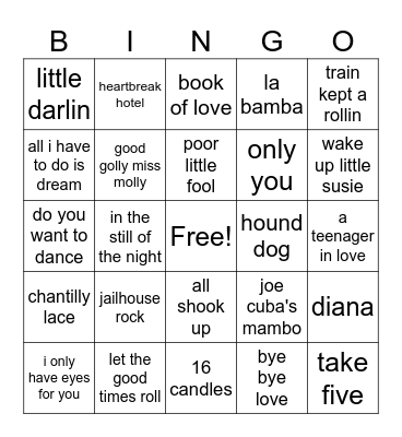 1950's Bingo Card