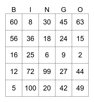 Fact Family Bingo Card