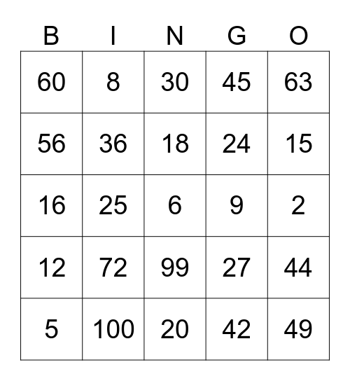 Fact Family Bingo Card