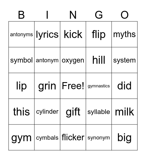 Y as I bingo Card