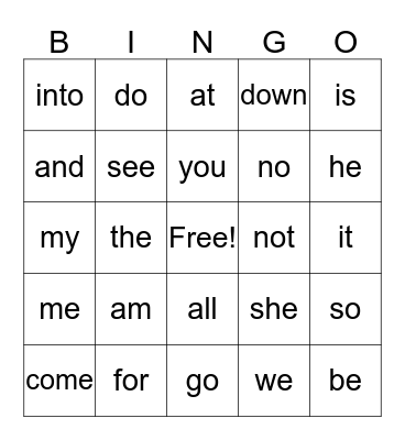 SIGHT WORDS Bingo Card