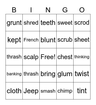 Closed Syllable Words with Blends and Digraphs Bingo Card