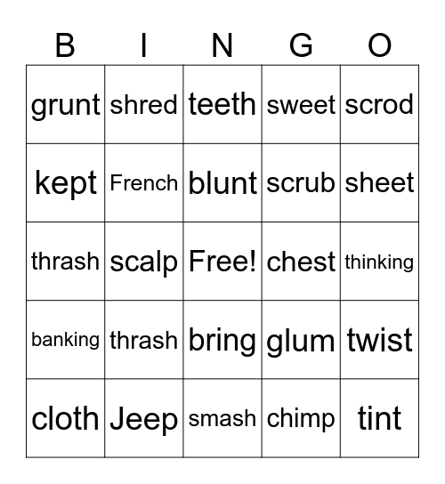 Closed Syllable Words with Blends and Digraphs Bingo Card