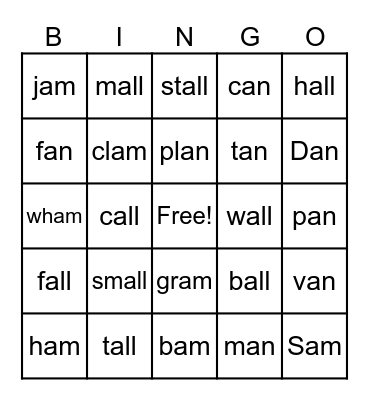 Glued Sounds (-all, -am, -an) Bingo Card