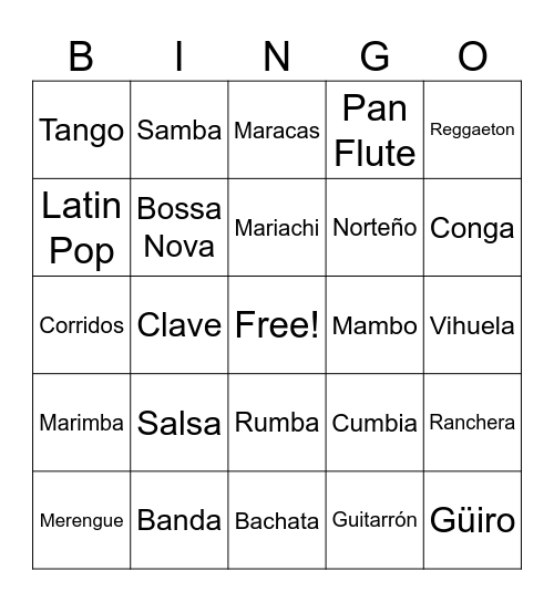 Latin Music Bingo Card