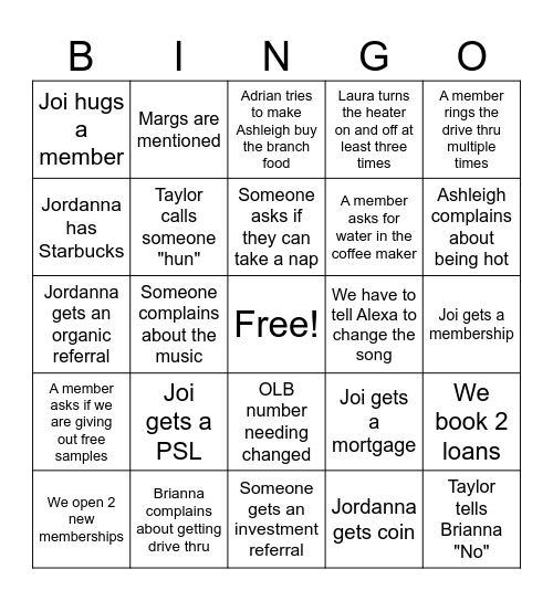 BRANCH BINGO Card