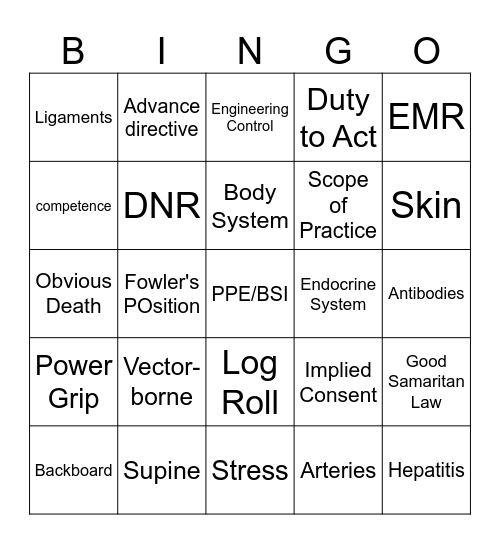 EMR Unit 1 Bingo Card