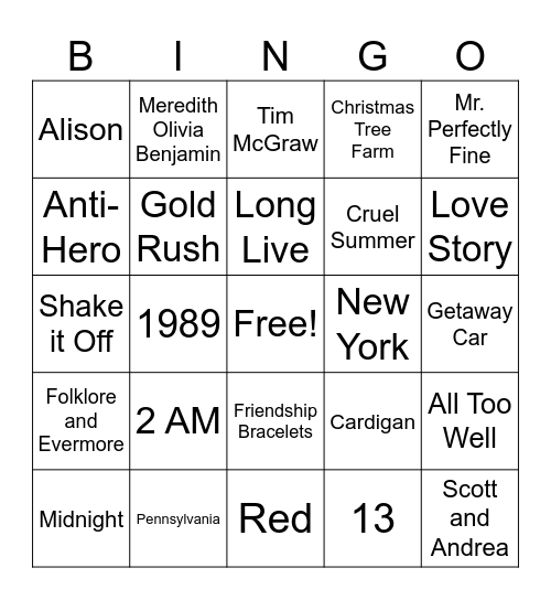 Taylor Swift Bingo Card