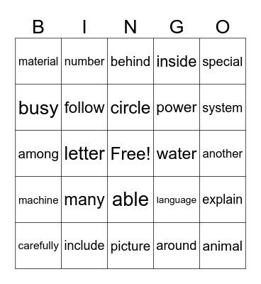 MultiSyllabic Bingo Card