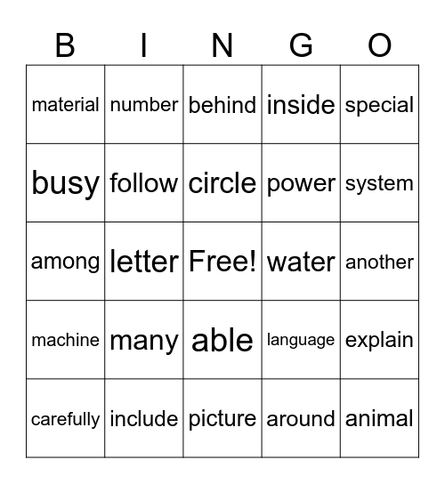 MultiSyllabic Bingo Card