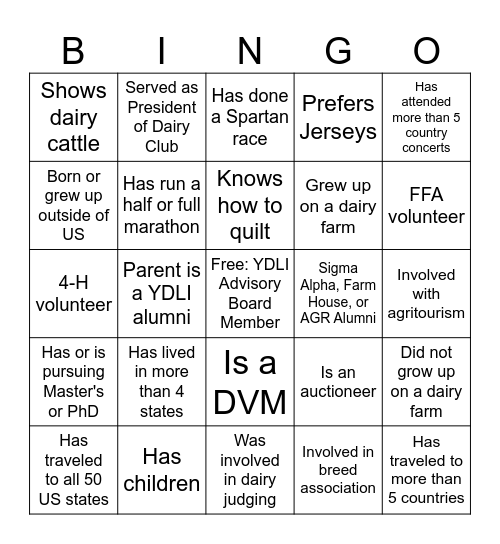 Get to know your YDLI Classmates Bingo Card