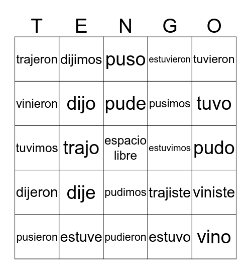 Irregular Preterit Tengo Bingo Card