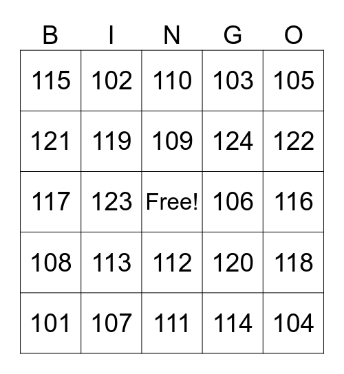 101-125 Bingo Card